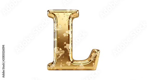 Gold shiny letter L with white spots on surface transparent background