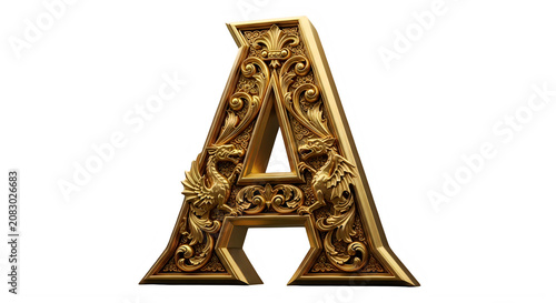 Golden ornate capital letter A with floral and bird designs transparent background
