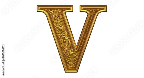 Golden ornate letter V with intricate floral design and shiny metal finish transparent background