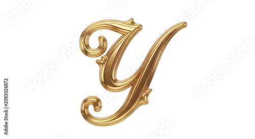 Golden ornate letter Y with curly flourishes and elegant details transparent background