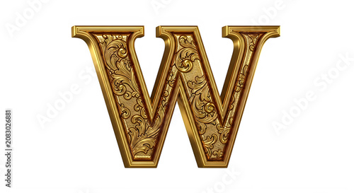 Golden ornate letter W with intricate design and patterned texture transparent background