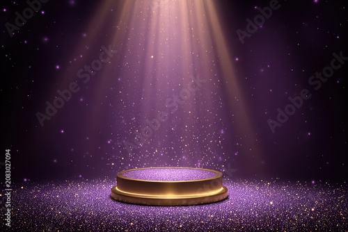 Empty gold podium platform under spotlight on purple background