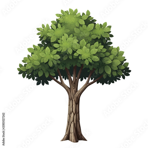 Deciduous tree with thick textured bark png and lush green foliage standing isolated against transparent background for various nature design projects. png