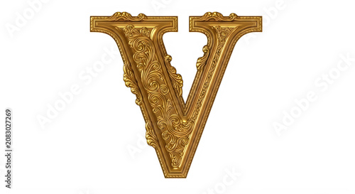 Ornate gold letter V with intricate designs and patterns transparent background