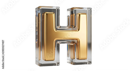 Shiny gold and silver 3D letter H with reflective surface transparent background