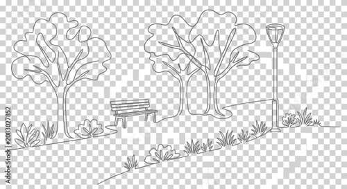 Black and White Sketch of Winter Tree with Roots in Snowy Forest Landscape with Frost, Fog and Cold Season Nature Scene