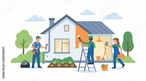 Home renovation with workers painting and plumbing