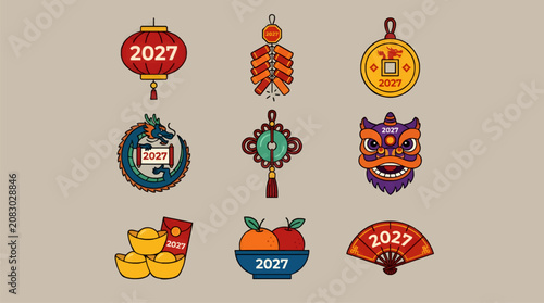 Flat Vector Icons for 2027 Lunar New Year Celebration: Dragon, Lantern, Firecrackers, Coin, Lion Dance Mask, Fan, Oranges, Gold Ingots
