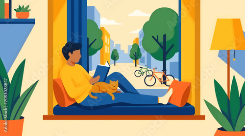 Flat Vector Illustration of a Person Reading a Book with a Cat on Their Lap by a Window, Cityscape with Bicycles Visible Outside, Cozy Indoor Scene with Plants and Lamp, Warm Color Palette