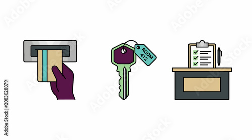 Flat Vector Icons: Hotel Keycard Slot, Key with Room Tag, and Reception Desk with Clipboard and Pen, Simple Graphic Elements for Hospitality Services