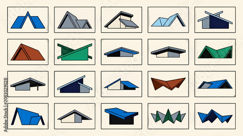 Flat Vector Icons of Modern Architectural Roof Designs, Geometric Shapes in Blue, Gray, Green, and Brown, Abstract Building Elements Collection