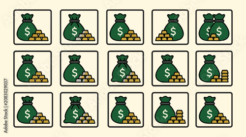 Flat Vector Icons of Money Bags with Gold Bars, Financial Wealth and Investment Symbols, Set of Graphic Resources