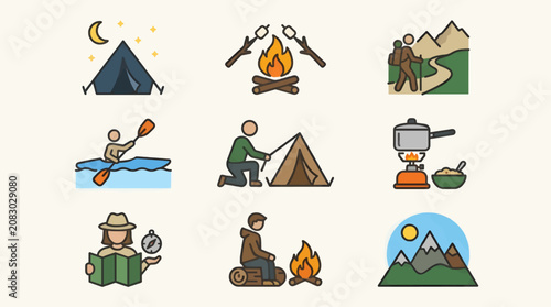 Flat Vector Icons Set for Camping Activities: Tent, Bonfire, Hiking, Kayaking, Cooking, Navigation, and Mountain Scenery