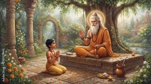 Wise indian sage giving a spiritual blessing to a devoted young student in a traditional cultural guru purnima
