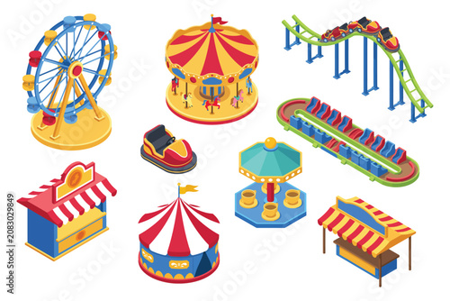 Konstfotografi Isometric 3D amusement park icons ferris wheel roller coaster carousel carnival