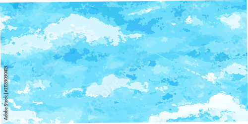 Quadro em tela Blue sky and white clouds watercolor illustration with a distant airplane
