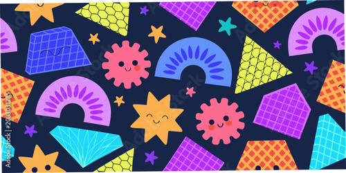 Foto Geometric shapes and smiling faces a colorful vector pattern