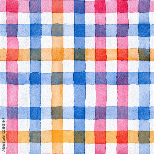 Blue watercolor gingham pattern creating abstract seamless background. Watercolor brushstrokes forming a decorative blue and white checkered pattern