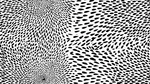 Irregular ink droplets creating a swirling abstract vortex seamless pattern. Black ink droplets forming a dense spiral movement