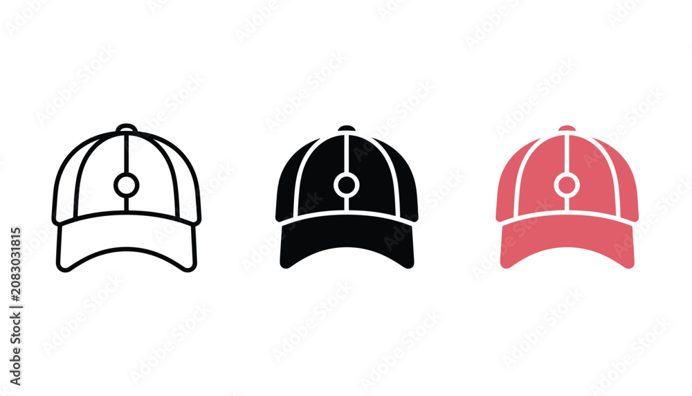 Fototapeta premium Baseball cap headwear vector icons in outline solid and pink styles representing modern street fashion apparel design elements for sports branding and digital interface graphics isolated on white