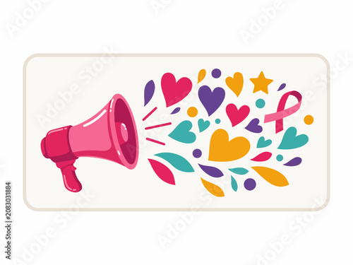 Colorful megaphone with hearts and shapes coming out of it on white background