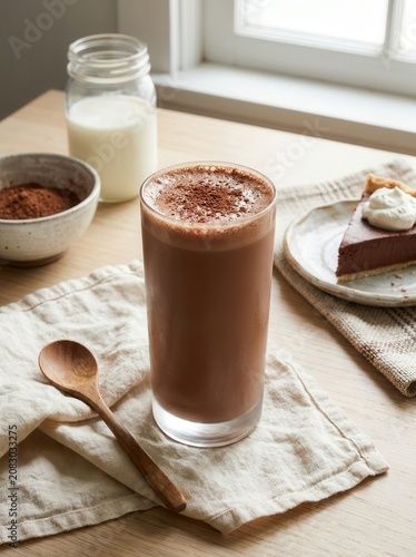 cocoa with milk in a tall glass on the table
