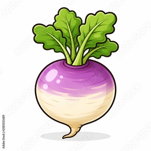 Fresh turnip flat vector icon isolated on white background with glossy purple root and green leaves