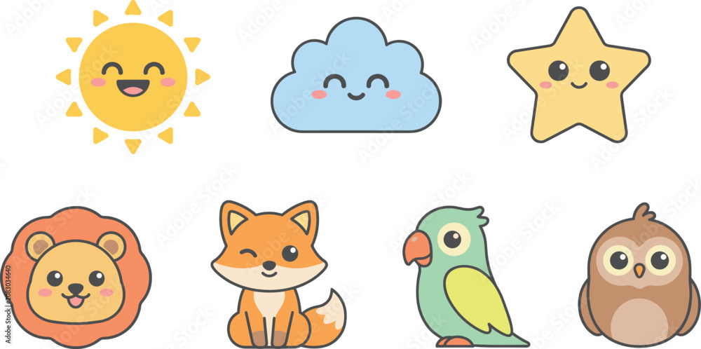 Obraz premium Cute Kawaii Animal and Nature Icon Set Featuring Adorable Cartoon Sun Cloud Star Lion Fox Parrot and Owl Character Vector Elements