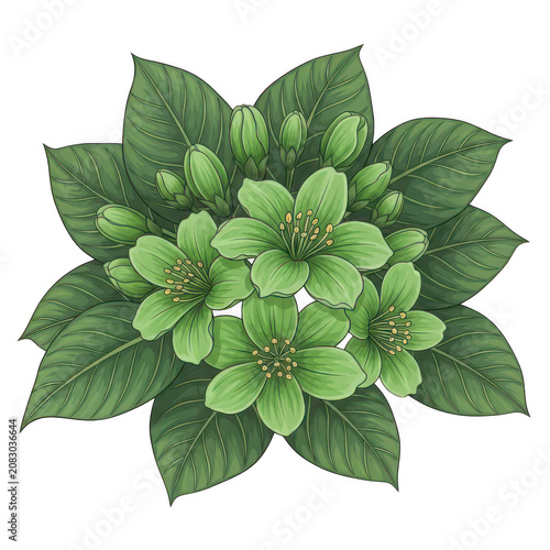 A beautiful illustration of lush green flowers with detailed vibrant leaves