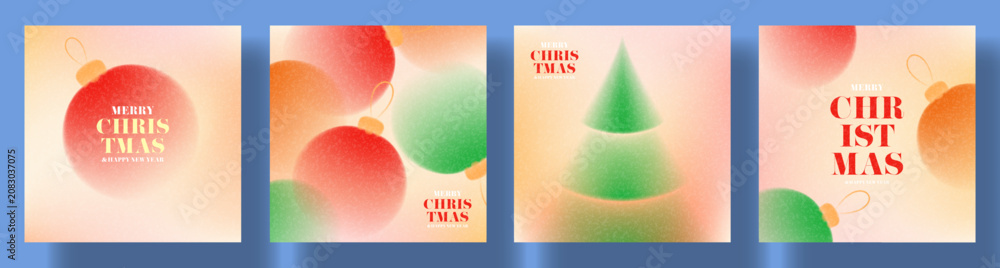 Fototapeta premium Merry Christmas and Happy New Year holiday posters. Gradient style vector cards with Christmas balls, fir tree and typography design. Simple minimalist New Year backgrounds.