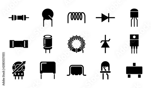 Foto Electronic components icon set, 15 black solid vector symbols of circuit board h
