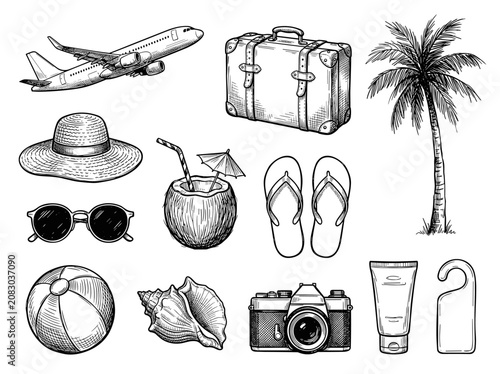 Hand drawn black ink sketch of summer travel icon set, airplane suitcase and palm tree for beach vacation