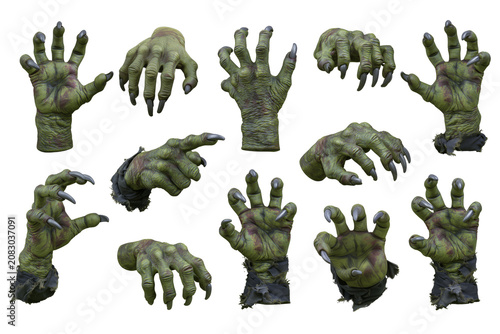 Set of green witch wizard halloween hands with gray talons isolated on transparent background. PNG