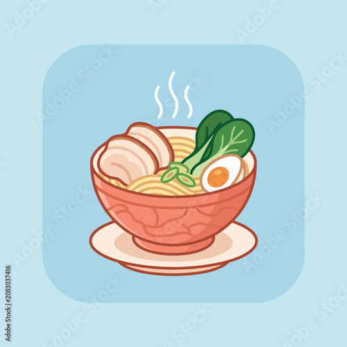 A cute cartoon illustration of a hot bowl of ramen soup