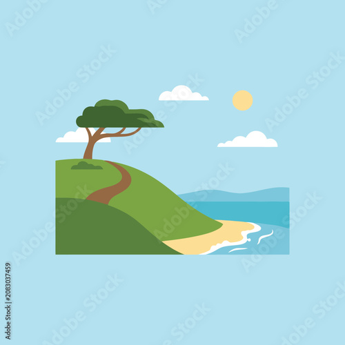 Flat vector illustration of a sunny coastal landscape