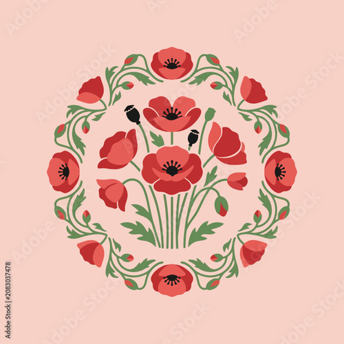 Red poppy flower circular wreath illustration