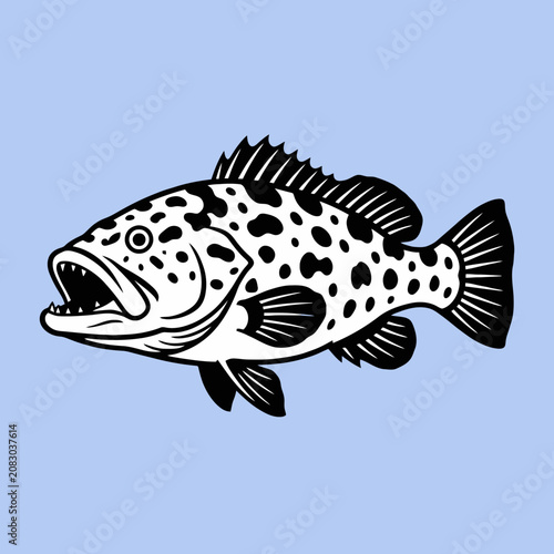 A black and white illustration of a spotted predatory fish