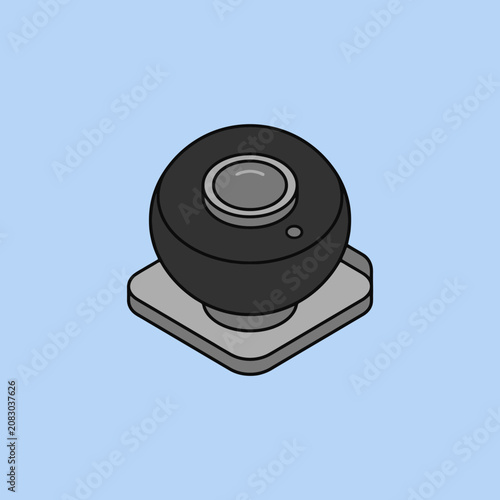 Isometric illustration of a black webcam on a blue background