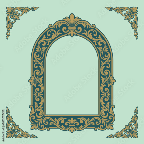 Ornate gold vintage frame on a soft green background