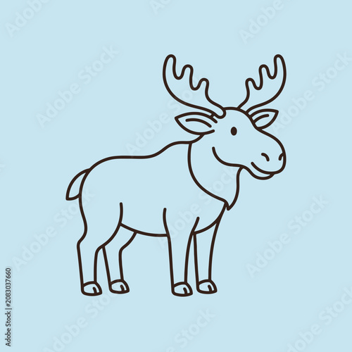 A simple line drawing of a friendly moose on blue