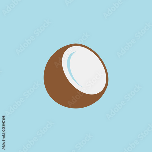 Minimalist vector illustration of a cut coconut on blue background