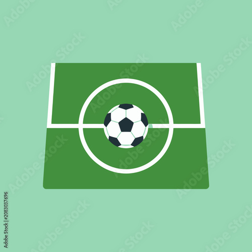 A soccer ball sits on a green grass field graphic icon