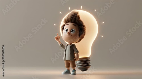 A character stands beneath a giant glowing light bulb, pointing upward with excitement while explaining a concept in a clean presentation and training-style looping animation.