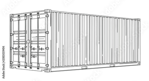 Line Art Illustration of a Shipping Container with Detailed Door Latches and Corrugated Sides Keywords: shipping container, cargo container, freight container