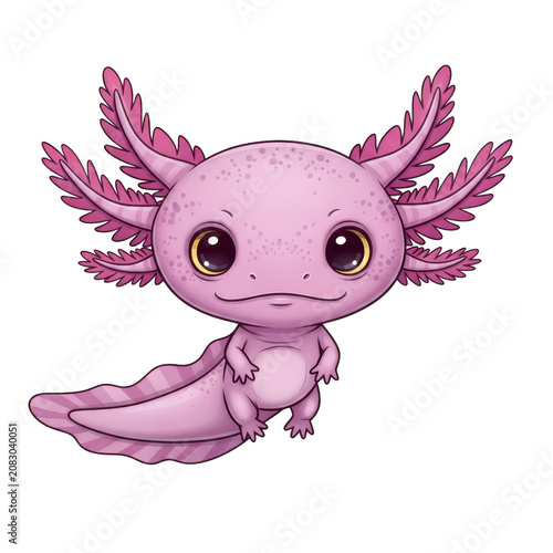 A cute pink axolotl cartoon character isolated on a white background