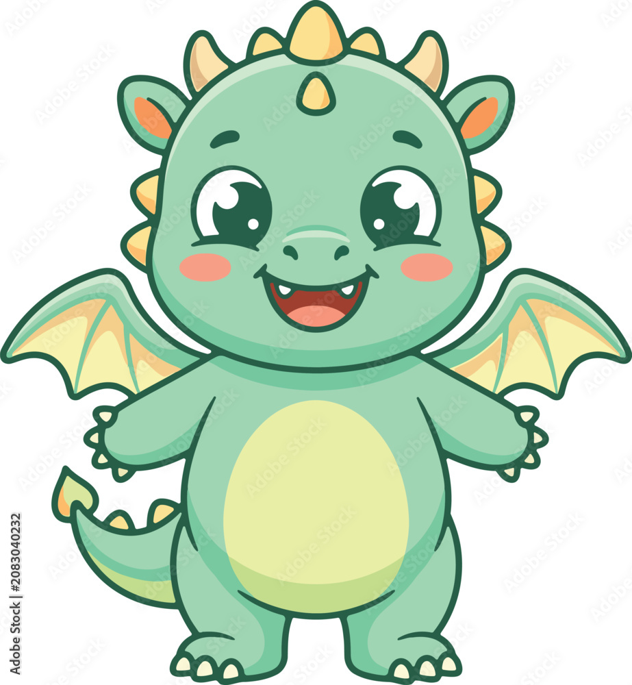Fototapeta premium Cute Baby Dragon Vector Illustration - Kawaii Green Little Dino Character