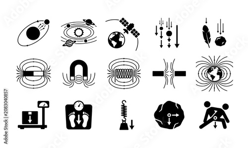 Foto Physics and gravity icon set, 15 black vector symbols of magnetic fields and pla