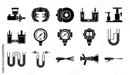 Obraz na plátně Hydraulic system icons set, 15 black vector symbols of fluid mechanics and autom