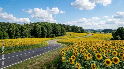 Sunflowers beside a country road landscape.