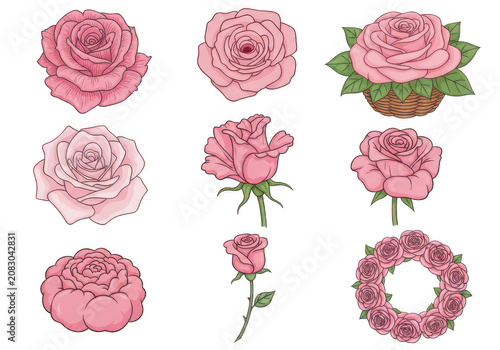 Set of cute pixel art pink rose flowers for game design projects